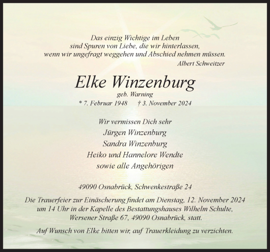 Traueranzeige von Elke Winzenburg von Neue Osnabrücker Zeitung GmbH & Co. KG