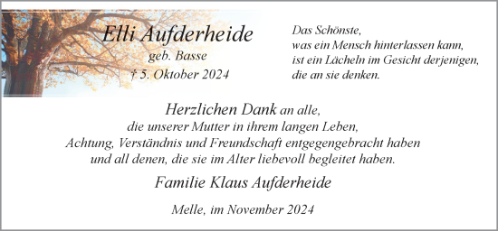 Traueranzeige von Elli Aufderheide von Neue Osnabrücker Zeitung GmbH & Co. KG