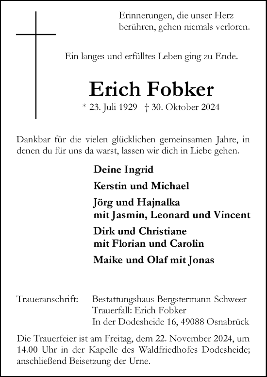 Traueranzeige von Erich Fobker von Neue Osnabrücker Zeitung GmbH & Co. KG