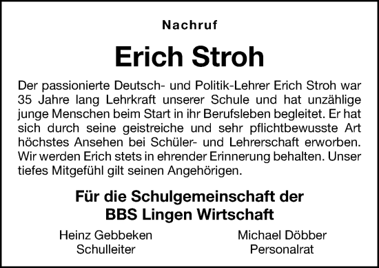 Traueranzeige von Erich Stroh von Neue Osnabrücker Zeitung GmbH & Co. KG