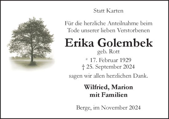 Traueranzeige von Erika Golembek von Neue Osnabrücker Zeitung GmbH & Co. KG