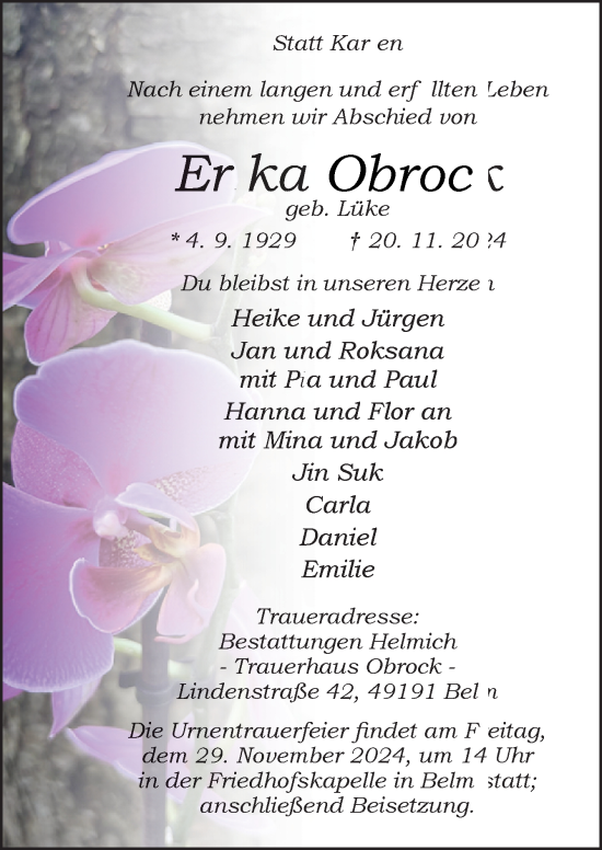 Traueranzeige von Erika Obrock von Neue Osnabrücker Zeitung GmbH & Co. KG