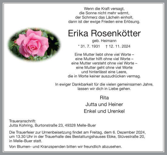 Traueranzeige von Erika Rosenkötter von Neue Osnabrücker Zeitung GmbH & Co. KG