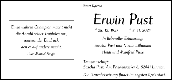 Traueranzeige von Erwin Pust von Neue Osnabrücker Zeitung GmbH & Co. KG