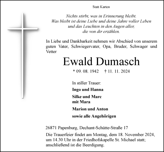 Traueranzeige von Ewald Dumasch von Neue Osnabrücker Zeitung GmbH & Co. KG