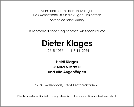 Traueranzeige von Dieter Klages von Neue Osnabrücker Zeitung GmbH & Co. KG