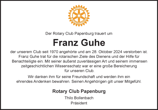 Traueranzeige von Franz Guhe von Neue Osnabrücker Zeitung GmbH & Co. KG