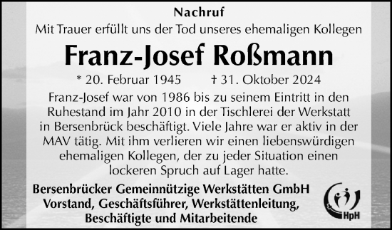 Traueranzeige von Franz-Josef Roßmann von Neue Osnabrücker Zeitung GmbH & Co. KG