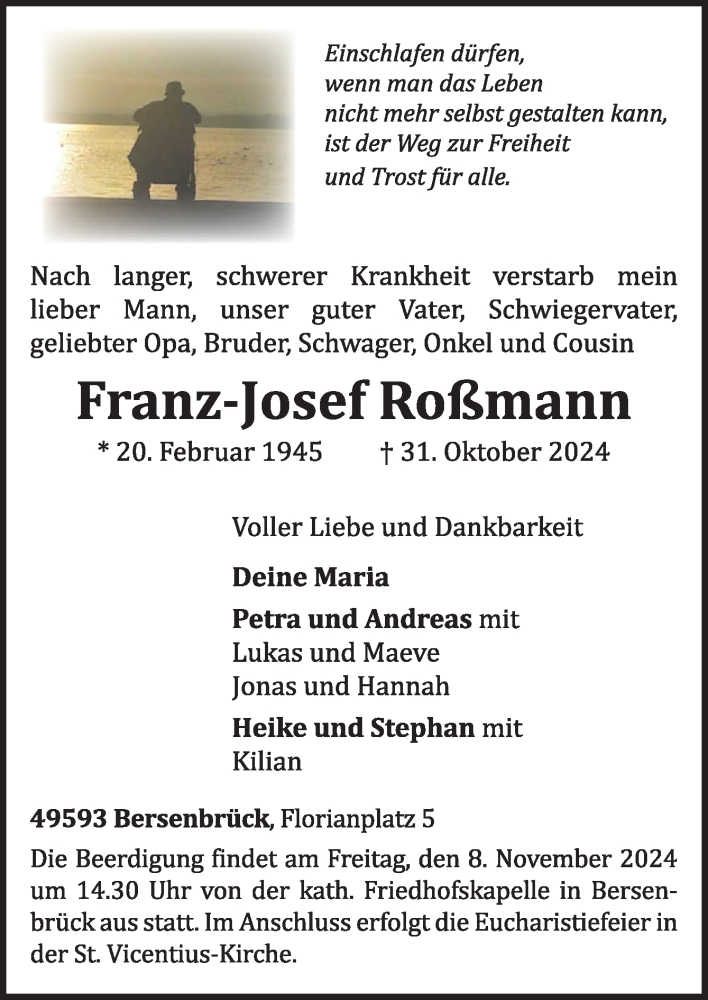  Traueranzeige für Franz-Josef Roßmann vom 04.11.2024 aus Neue Osnabrücker Zeitung GmbH & Co. KG