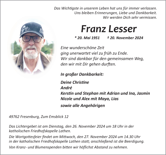 Traueranzeige von Franz Lesser von Neue Osnabrücker Zeitung GmbH & Co. KG