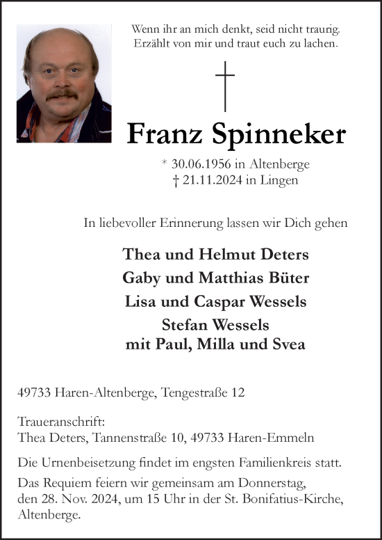 Traueranzeige von Franz Spinneker von Neue Osnabrücker Zeitung GmbH & Co. KG