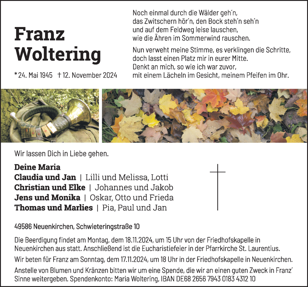  Traueranzeige für Franz Woltering vom 15.11.2024 aus Neue Osnabrücker Zeitung GmbH & Co. KG