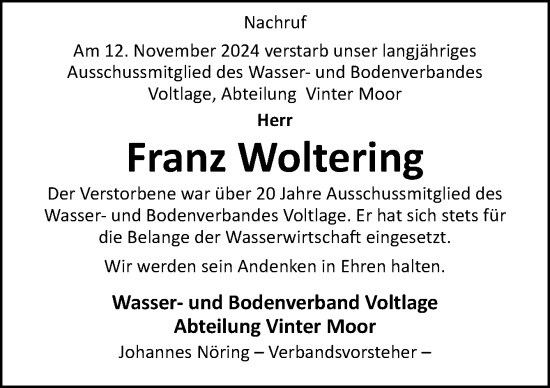 Traueranzeige von Franz Woltering von Neue Osnabrücker Zeitung GmbH & Co. KG