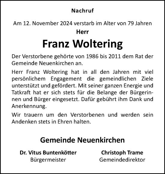 Traueranzeige von Franz Woltering von Neue Osnabrücker Zeitung GmbH & Co. KG