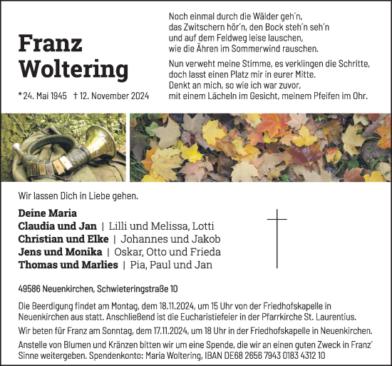 Traueranzeige von Franz Woltering von Neue Osnabrücker Zeitung GmbH & Co. KG