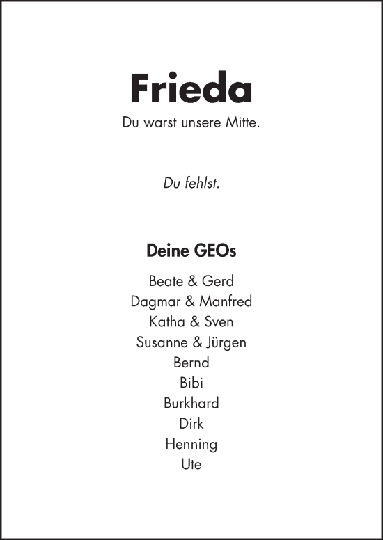 Traueranzeige von Frieda  von Neue Osnabrücker Zeitung GmbH & Co. KG