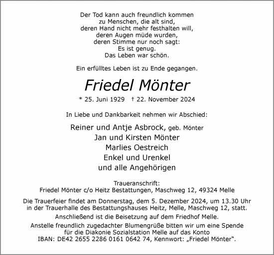 Traueranzeige von Friedel Mönter von Neue Osnabrücker Zeitung GmbH & Co. KG