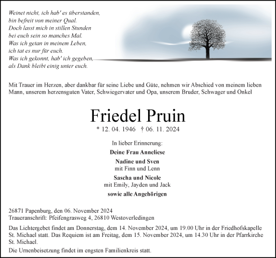 Traueranzeige von Friedel Pruin von Neue Osnabrücker Zeitung GmbH & Co. KG