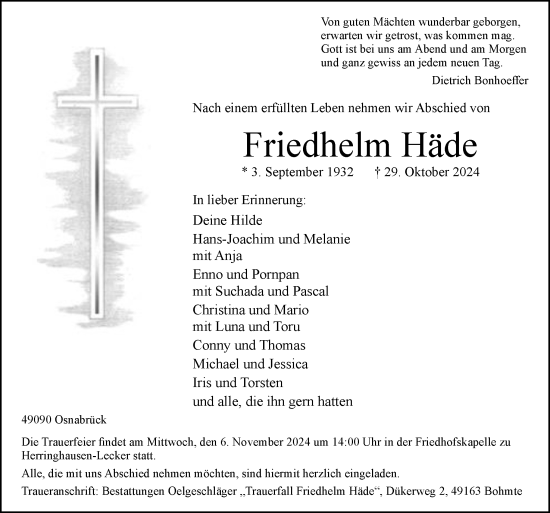 Traueranzeige von Friedhelm Häde von Neue Osnabrücker Zeitung GmbH & Co. KG