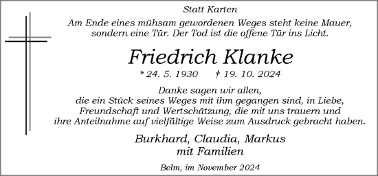 Traueranzeige von Friedrich Klanke von Neue Osnabrücker Zeitung GmbH & Co. KG