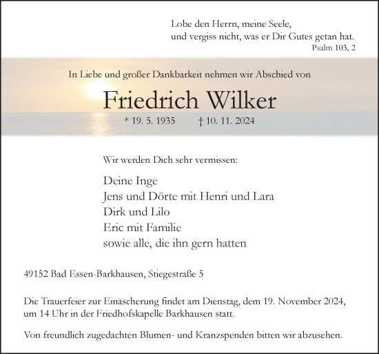 Traueranzeige von Friedrich Wilker von Neue Osnabrücker Zeitung GmbH & Co. KG