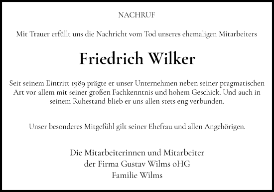 Traueranzeige von Friedrich Wilker von Neue Osnabrücker Zeitung GmbH & Co. KG