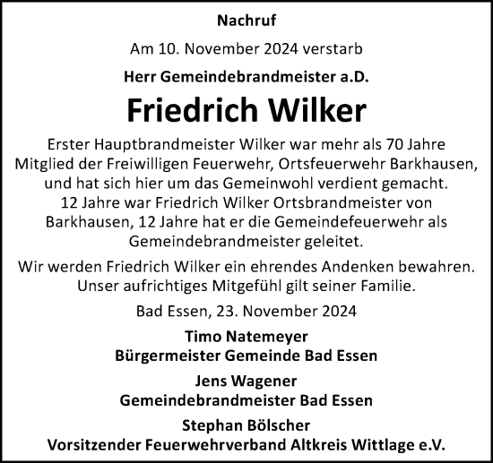 Traueranzeige von Friedrich Wilker von Neue Osnabrücker Zeitung GmbH & Co. KG