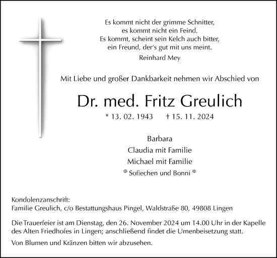 Traueranzeige von Fritz Greulich von Neue Osnabrücker Zeitung GmbH & Co. KG