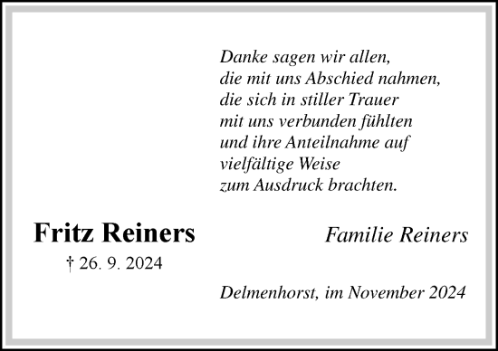 Traueranzeige von Fritz Reiners von DK Medien GmbH & Co. KG