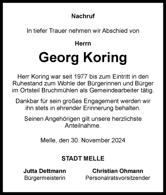 Traueranzeige von Georg Koring von Neue Osnabrücker Zeitung GmbH & Co. KG