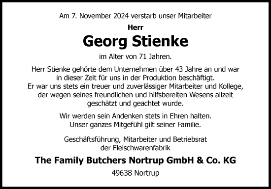 Traueranzeige von Georg Stienke von Neue Osnabrücker Zeitung GmbH & Co. KG