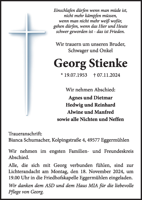 Traueranzeige von Georg Stienke von Neue Osnabrücker Zeitung GmbH & Co. KG