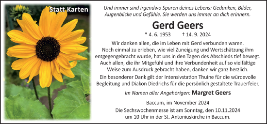 Traueranzeige von Gerd Geers von Neue Osnabrücker Zeitung GmbH & Co. KG