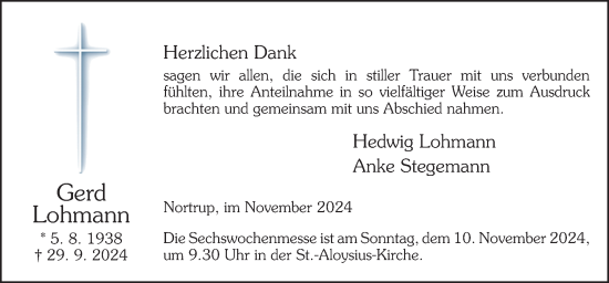 Traueranzeige von Gerd Lohmann von Neue Osnabrücker Zeitung GmbH & Co. KG