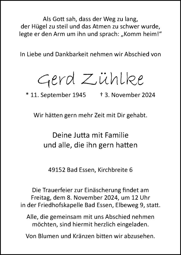  Traueranzeige für Gerd Zühlke vom 06.11.2024 aus Neue Osnabrücker Zeitung GmbH & Co. KG