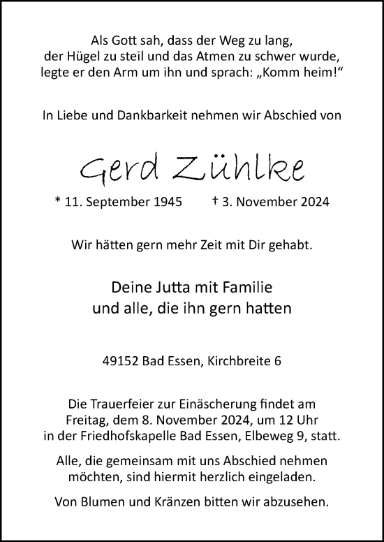 Traueranzeige von Gerd Zühlke von Neue Osnabrücker Zeitung GmbH & Co. KG