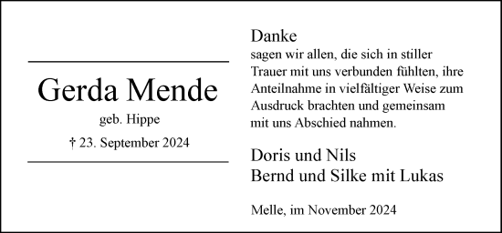 Traueranzeige von Gerda Mende von Neue Osnabrücker Zeitung GmbH & Co. KG