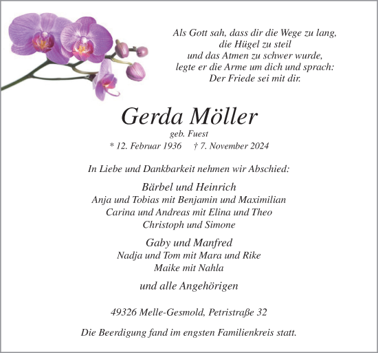 Traueranzeige von Gerda Möller von Neue Osnabrücker Zeitung GmbH & Co. KG