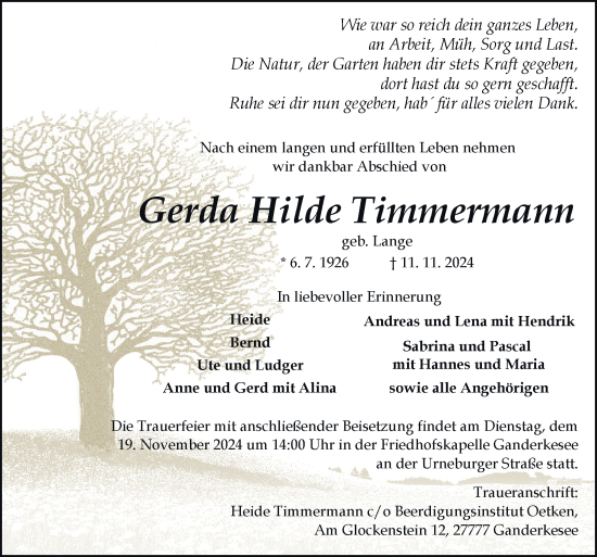 Traueranzeige von Gerda Hilde Timmermann von DK Medien GmbH & Co. KG
