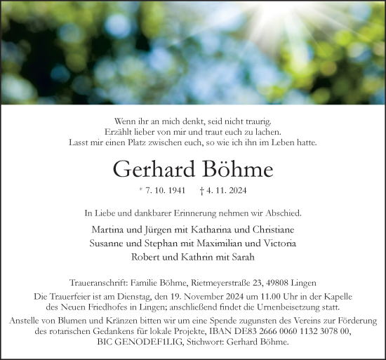 Traueranzeige von Gerhard Böhme von Neue Osnabrücker Zeitung GmbH & Co. KG