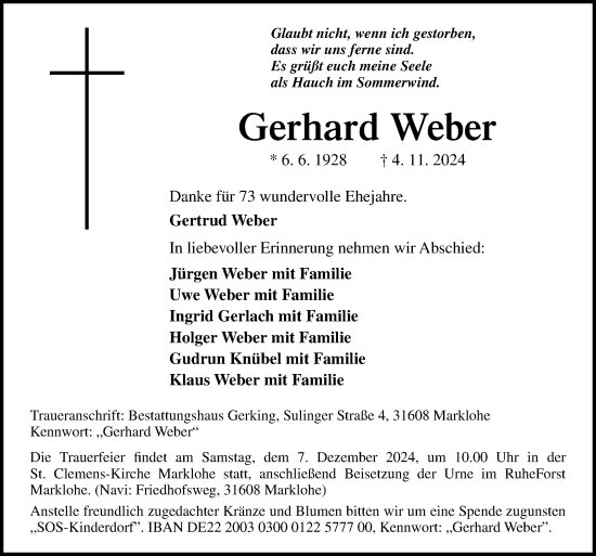 Traueranzeige von Gerhard Weber von Neue Osnabrücker Zeitung GmbH & Co. KG