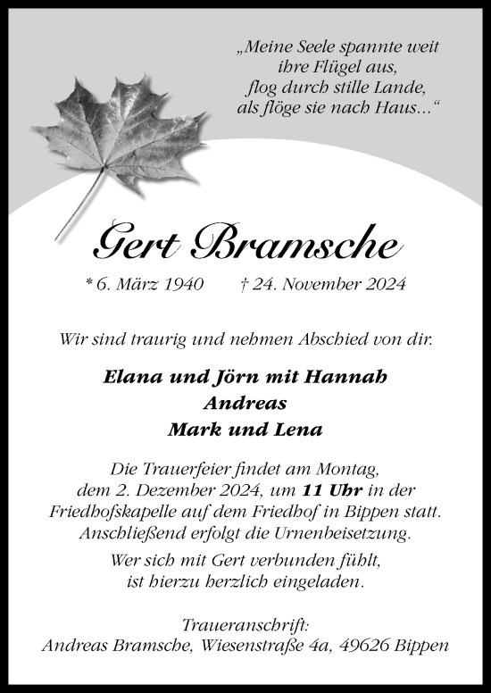 Traueranzeige von Gert Bramsche von Neue Osnabrücker Zeitung GmbH & Co. KG