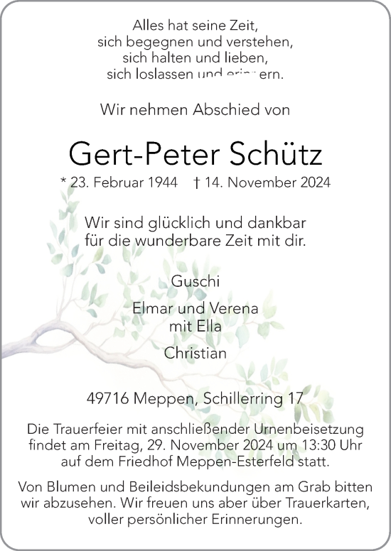 Traueranzeige von Gert-Peter Schütz von Neue Osnabrücker Zeitung GmbH & Co. KG