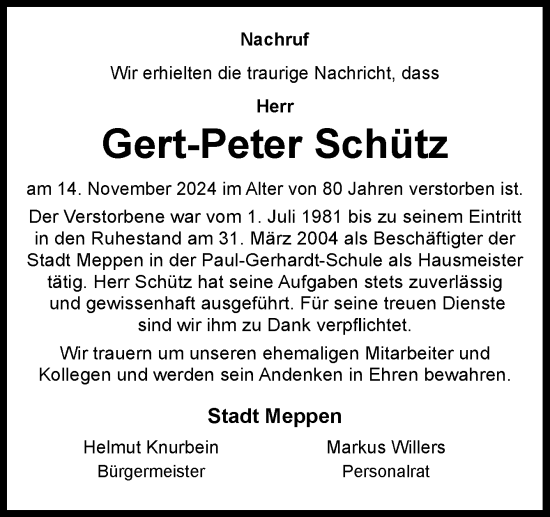 Traueranzeige von Gert-Peter Schütz von Neue Osnabrücker Zeitung GmbH & Co. KG