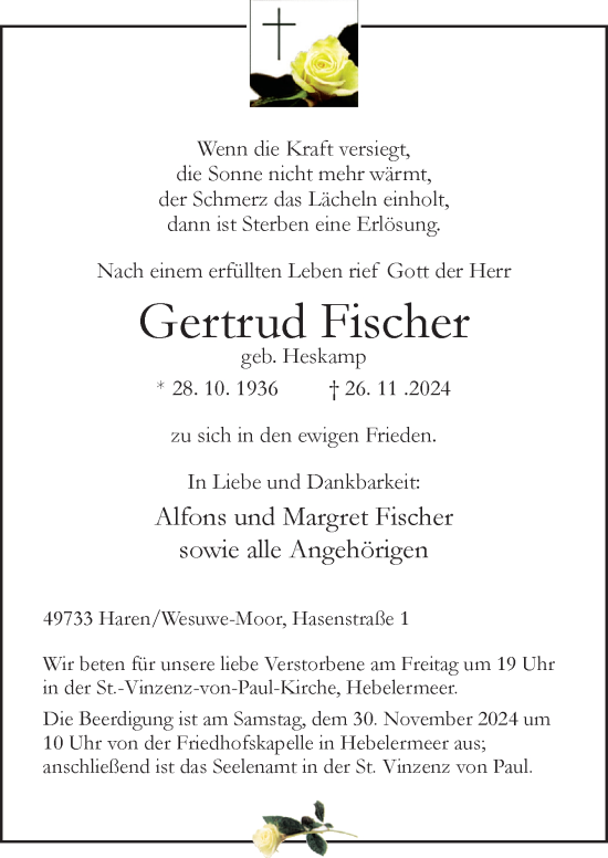 Traueranzeige von Gertrud Fischer von Neue Osnabrücker Zeitung GmbH & Co. KG