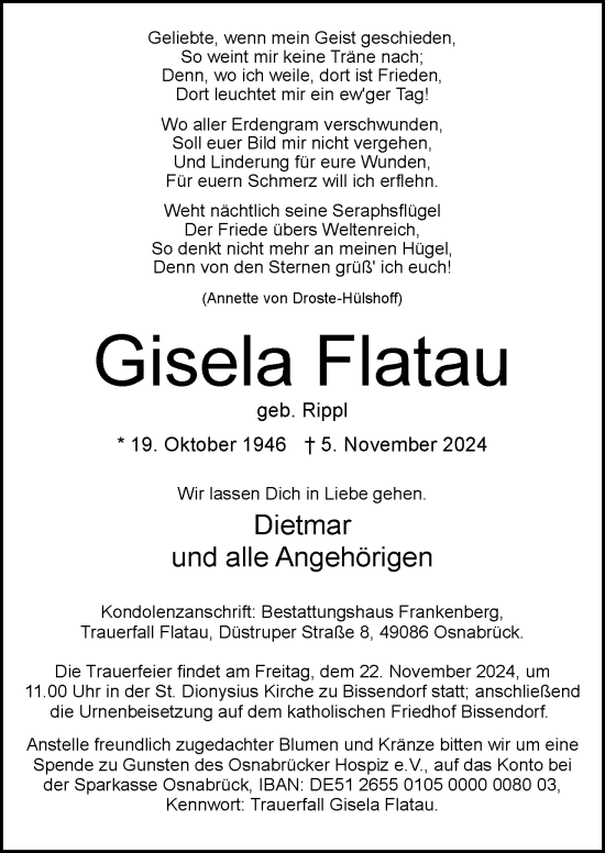 Traueranzeige von Gisela Flatau von Neue Osnabrücker Zeitung GmbH & Co. KG