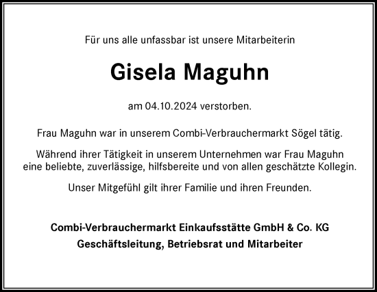 Traueranzeige von Gisela Maguhn von Neue Osnabrücker Zeitung GmbH & Co. KG