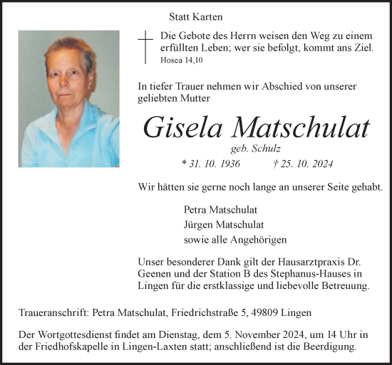 Traueranzeige von Gisela Matschulat von Neue Osnabrücker Zeitung GmbH & Co. KG