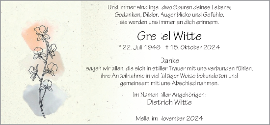 Traueranzeige von Gretel Witte von Neue Osnabrücker Zeitung GmbH & Co. KG