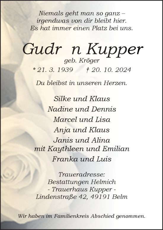 Traueranzeige von Gudrun Kupper von Neue Osnabrücker Zeitung GmbH & Co. KG